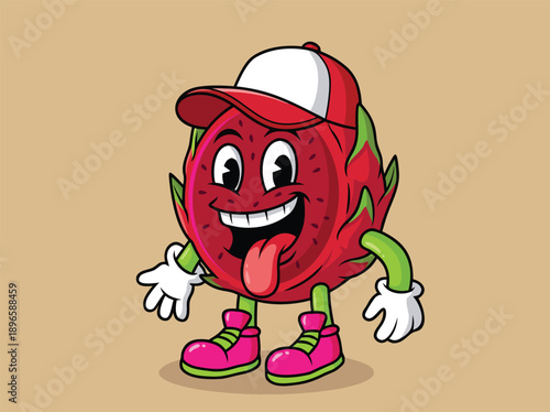 Funny Dragon Fruit Character Wearing a Cap and Sneakers.