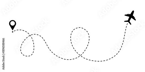Airplane flight path doodle icon. Dotted map route for travel and journey, dash line air plane route. Vector illustration isolated on white background