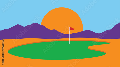Golf course in the desert at sunset.