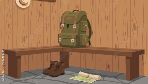 Green backpack on a wooden bench with boots and map.
