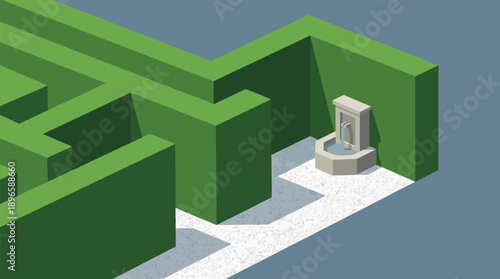 Green hedge maze with a stone fountain in the corner.