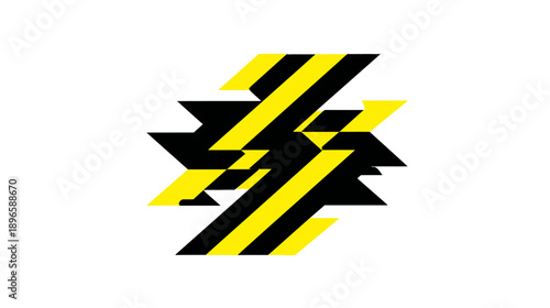 Abstract geometric composition featuring interlocking shapes with black and yellow stripes