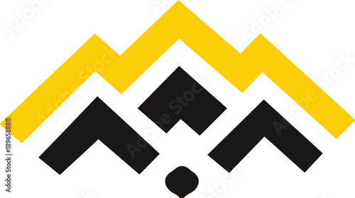 A layered geometric design with yellow and black shapes, suggesting mountains and a central element