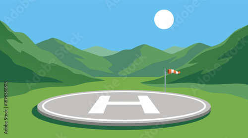 Helicopter landing pad in a green valley with mountains.