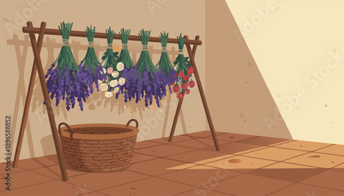 Herbs and flowers drying on a wooden rack in a rustic room.