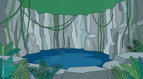 Hidden Jungle Oasis with Rocky Cliffs and Lush Vegetation.