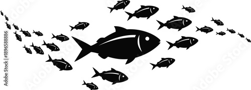 Fish school silhouette collection showing multiple swimming patterns with central large fish unique highlighted design marine life ocean underwater nature vector flat vector illustration