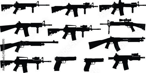 Firearm silhouette collection showing rifles and handguns arranged in rows with scopes stocks grips pistols weapon outlines military gun design flat vector illustration
