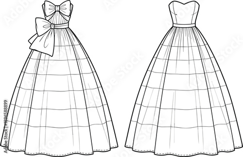 Formal gown technical fashion flat sketch showing strapless sweetheart neckline bodice decorative bows pleated floor length skirt front and back views flat vector illustration