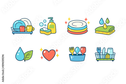 Cute cartoon icons representing dishwashing and cleaning tasks