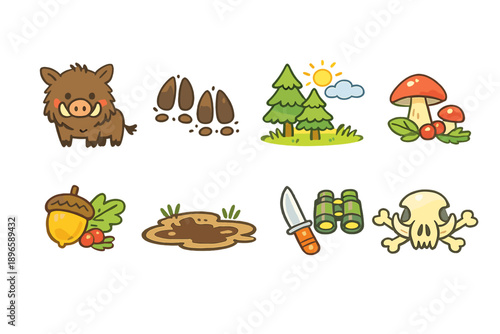 Wallpaper Mural Cute cartoon forest elements including a wild boar, animal tracks, trees, mushrooms, acorn, mud puddle, knife, binoculars, and skull Torontodigital.ca