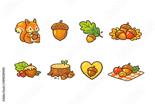 Cute cartoon autumn icons featuring squirrels, acorns, leaves, and forest elements