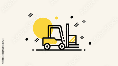 Stylized illustration of a forklift with a yellow accents and abstract shapes on beige background