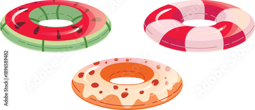 Vector summer illustration of swimming rings for the pool and sea, vacation, cartoon book picture for children, recreation area