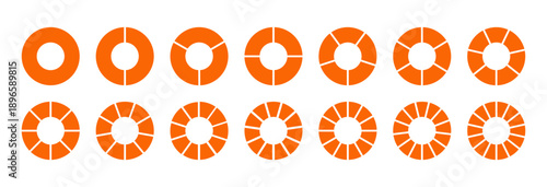 Wheel round divided orange colored diagrams with fourteen segments. Circle division on 2, 3, 4, 5, 6, 7, 8, 9, 10, 11, 12, 13, 14 equal parts. Coaching blank. Infographic set.