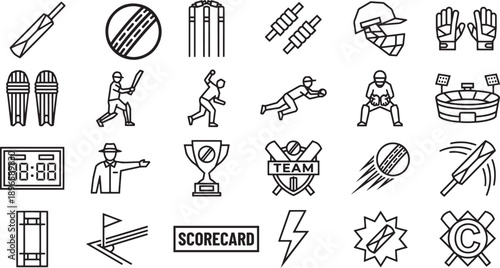Cricket Sports And Match Action Line Icons Collection For Team Branding, Tournament Media And Athletic Lifestyle Design