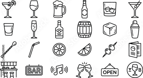 Cocktail Bar And Alcohol Drink Line Icons Collection For Nightlife Branding Beverage Menus And Hospitality Lifestyle Design