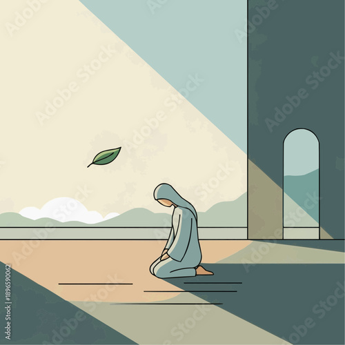 Hijab-wearing figure serene kneeling in prayer with floating green leaf and arched doorway architecture