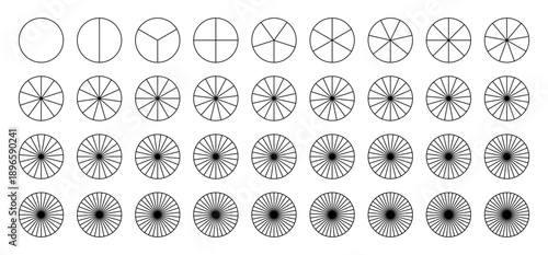 Sectors divide the circle on equal parts. Parts of diagram wheel from 1 to 36. Pie chart. Coaching blank template. Segmented charts. Outline black graphics. Pie charts, pizza chart.