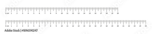 Ruler scale 20 centimeters and 25 cm with numbers. Measuring chart with 200 mm and 250 mm. Ruler scale, sewing tool templates. Length measurement height, distance.