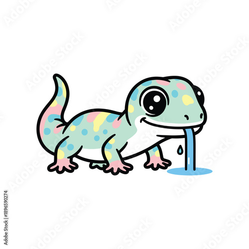 Colorful cartoon chameleon drinking water from puddle cute illustration