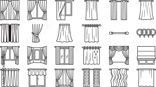 Home Curtains And Window Drapery Line Icons Collection For Interior Design Decoration And Modern Living Branding