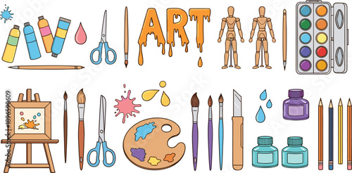 Art supplies vector set with paint tubes, brushes, palette, scissors, watercolor, easel and creative drawing tools collection