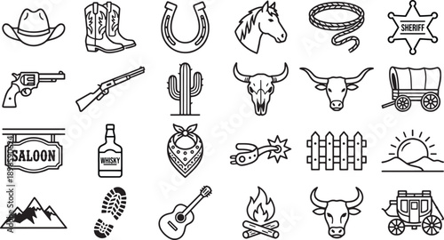 Wild West Cowboy Line Icons Set With Western Hat Boots Horse Skull Saloon Sheriff And Ranch Symbols