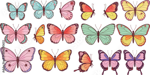 Colorful butterfly vector set with hand drawn insects in pastel style for decorative design and nature illustration