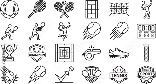 Tennis Match And Tournament Action Line Icons Collection For Sports Club Branding, Training, Media and Championship Design