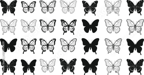 Butterfly silhouette and outline vector set with black and white insects for tattoo, logo, stencil and decorative design