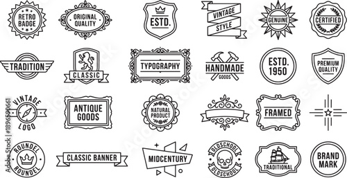 Vintage Retro Badge And Classic Label Line Icons Collection For Authentic Branding Packaging And Heritage Logo Design