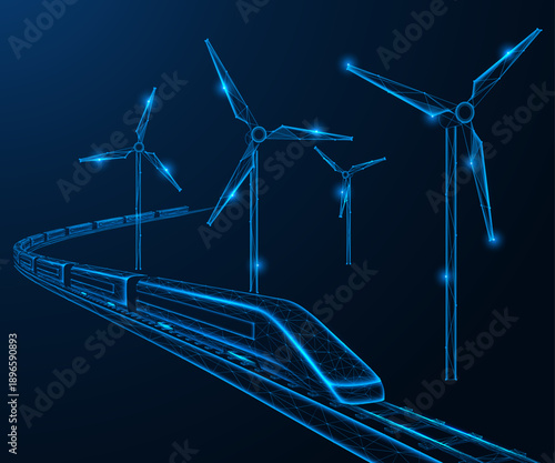The energy of the future movement. A high-speed train with wind turbines along the track. The concept of environmentally friendly technologies and the future of smart infrastructure.