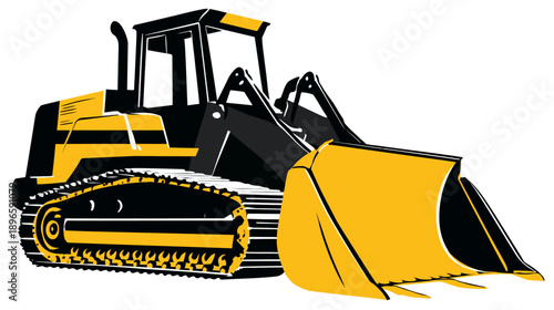 A cartoon illustration of a heavy construction vehicle in yellow and black. Detailed with bucket and tracks