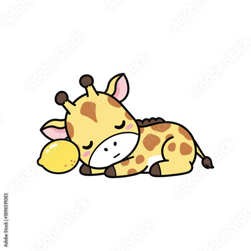 Cute Cartoon Giraffe Sleeping with Lemon on White Background