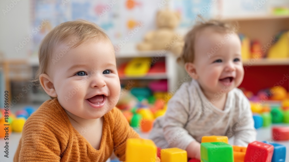 Naklejka premium Caucasian babies playing happily with colorful blocks in playroom.