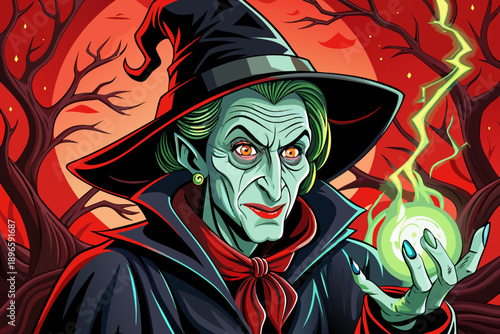 Classic Halloween Witch Character Portrait Magic Spell Gothic Horror Retro Red Vintage Background Vector Illustration