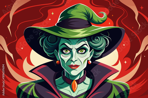 Classic Halloween Witch Character Portrait Magic Spell Gothic Horror Retro Red Vintage Background Vector Illustration