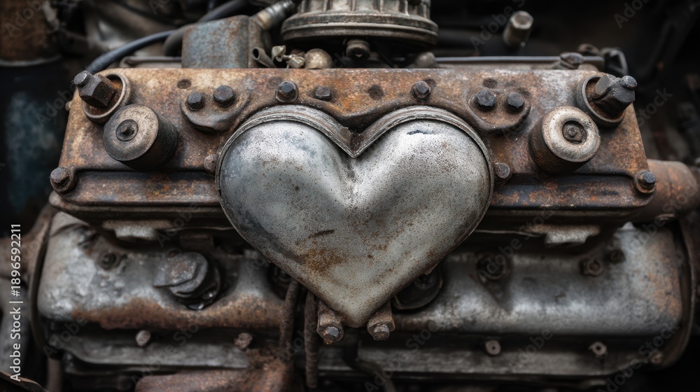 Fototapeta premium Heart-shaped engine part on rusted vintage machinery.