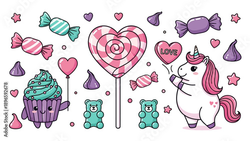 Whimsical illustration of a unicorn surrounded by sweets and candies in a fantastical setting viewed from the side