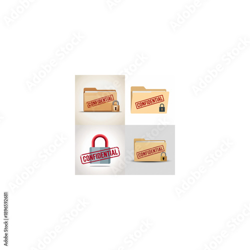Confidential folders with locks illustrated in various styles  