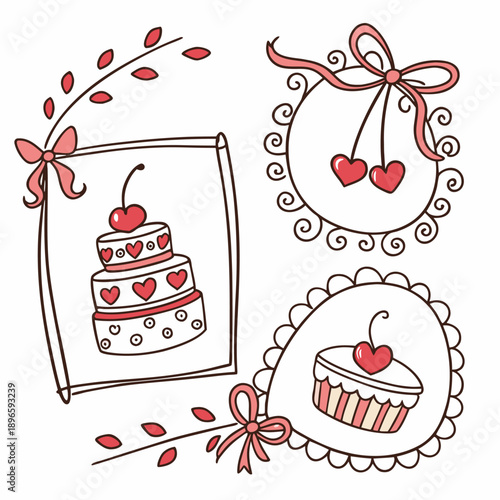 Set of girly coquette greeting cards for Valentine's Day. Hand drawn frames in whimsical lines by shape hearts, with bows and ribbons, cake in shape heart, sweet cherry. Poster, wedding invitation.