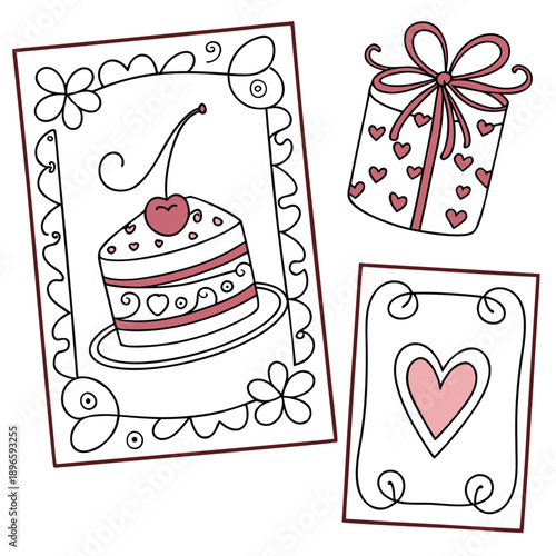 Set of girly coquette greeting cards for Valentine's Day. Hand drawn frames in whimsical lines by shape hearts, with bows and ribbons, cake in shape heart, sweet cherry. Poster, wedding invitation.