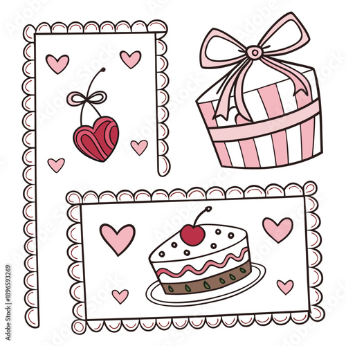 Set of girly coquette greeting cards for Valentine's Day. Hand drawn frames in whimsical lines by shape hearts, with bows and ribbons, cake in shape heart, sweet cherry. Poster, wedding invitation.