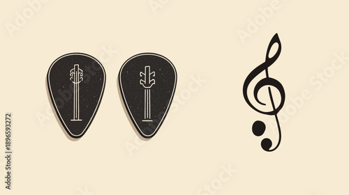 Illustration of musical elements guitar picks with stylized instruments & a treble clef on a beige background