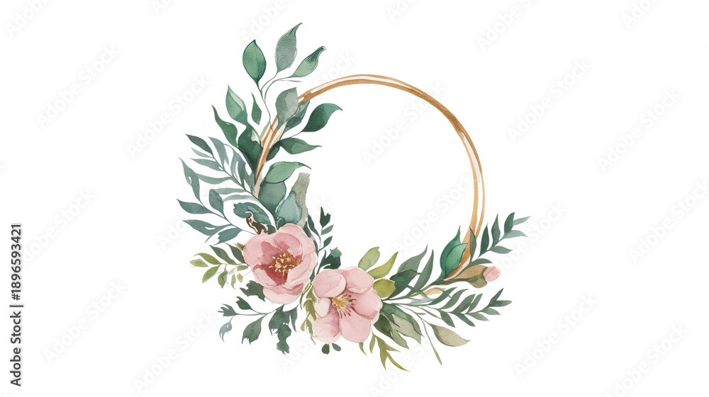 Fototapeta premium A beautiful floral wreath with pink flowers and green leaves on a transparent background