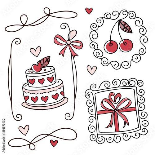Set of girly coquette greeting cards for Valentine's Day. Hand drawn frames in whimsical lines by shape hearts, with bows and ribbons, cake in shape heart, sweet cherry. Poster, wedding invitation.