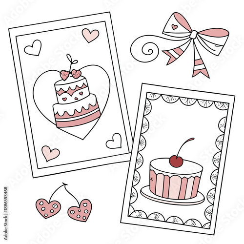 Set of girly coquette greeting cards for Valentine's Day. Hand drawn frames in whimsical lines by shape hearts, with bows and ribbons, cake in shape heart, sweet cherry. Poster, wedding invitation.