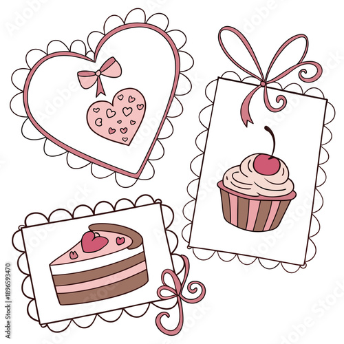 Set of girly coquette greeting cards for Valentine's Day. Hand drawn frames in whimsical lines by shape hearts, with bows and ribbons, cake in shape heart, sweet cherry. Poster, wedding invitation.