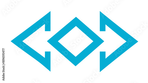 A geometric abstract design with blue shapes, including diamonds and arrows on a white background